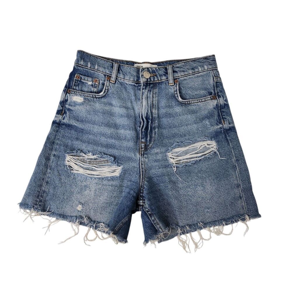Zara 90s Bermuda Shorts 2 Blue Denim Distressed Boho Bloggers Fave Raw Hem Y2K
